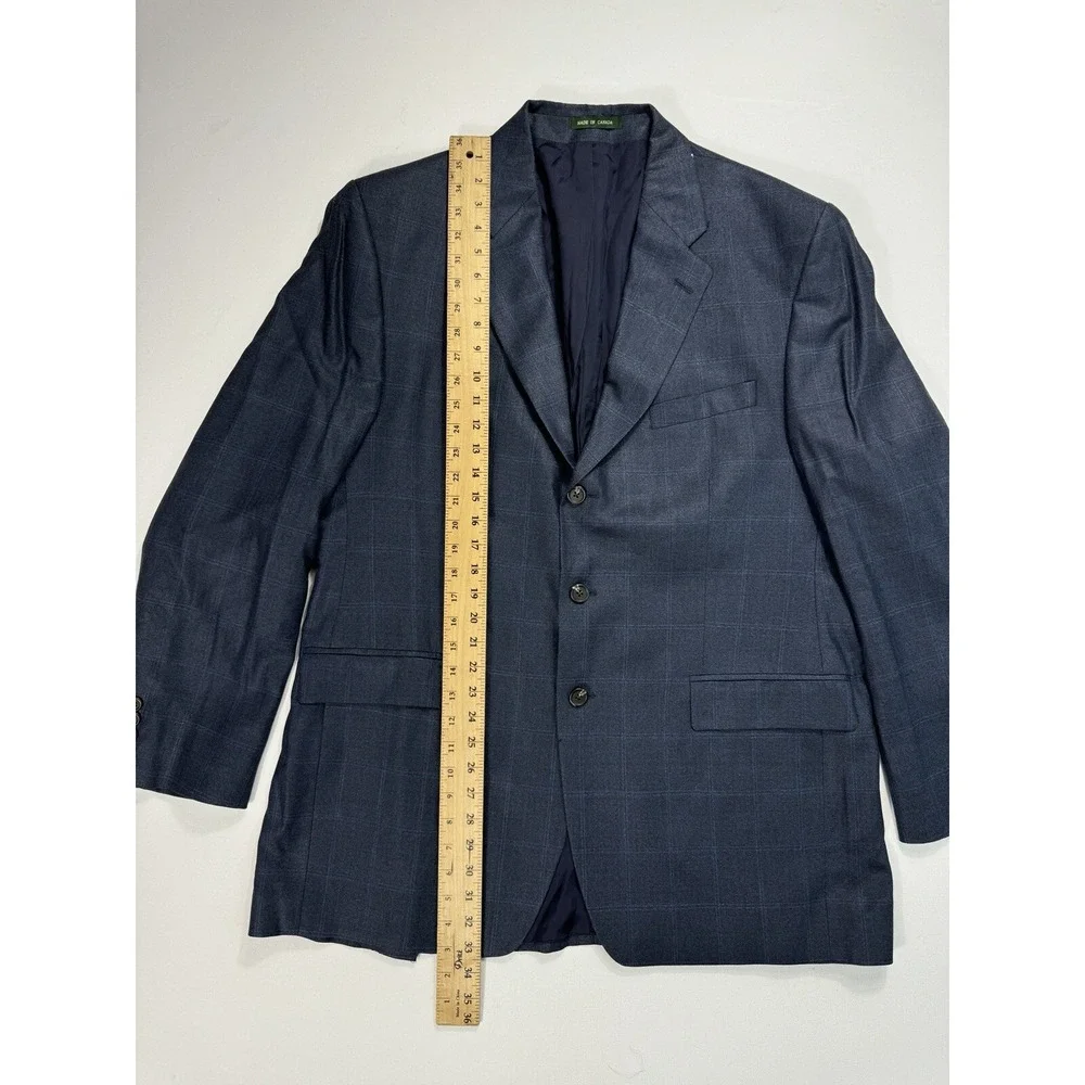Lauren Ralph Lauren Men 44L Silk Wool Blazer Navy Windowpane Plaid Suit Jacket
